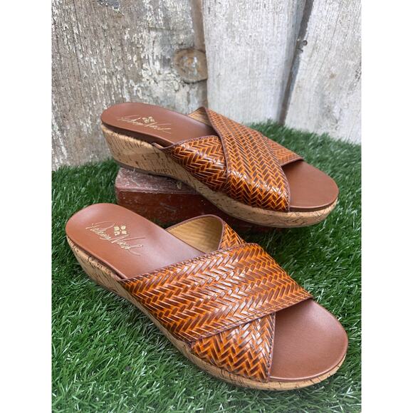 Patricia Nash Luca Leather Wedge Sandals Cognac Women's 9 - Picture 1 of 8
